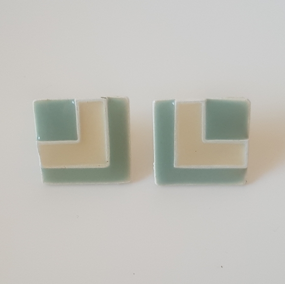 Teal and Yellow Square Earrings - Picture 5 of 7